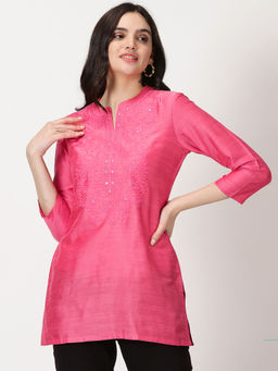 Saffron Threads - Pink Art Raw Silk Tunic with Embroidered Neck