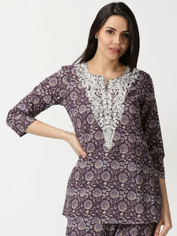 Saffron Threads - Purple Floral Cotton Tunic with Chikankari Embroidered Yoke