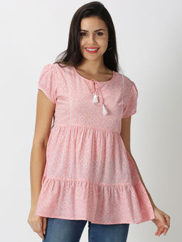 Saffron Threads - Pink Bandhan Printed Tiered Top with Lace Inserts