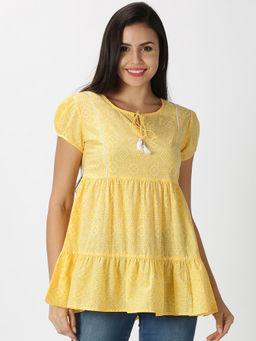 Saffron Threads - Yellow Bandhan Printed Tiered Top with Lace Inserts