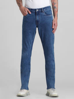 Jack & Jones - Blue Solid Cotton Blend Regular Jeans