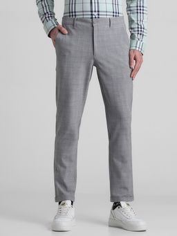 Jack & Jones - Grey Checks Polyester Blend Slim Trouser