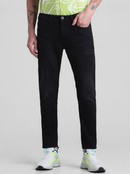 Jack & Jones - Black Solid Cotton Blend Slim Jeans