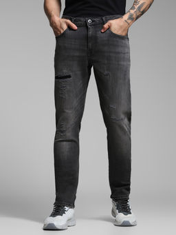 Jack & Jones - Black Solid Cotton Blend Slim Jeans