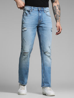 Jack & Jones - Blue Solid Cotton Blend Regular Jeans