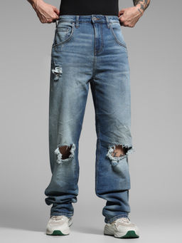 Jack & Jones - Blue Solid Cotton Blend Relaxed Jeans
