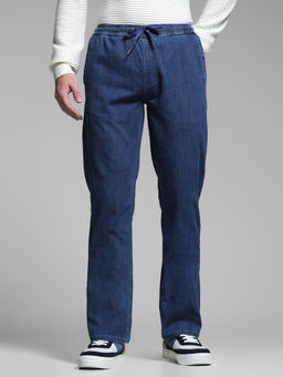 Jack & Jones - Blue Solid Cotton Blend Regular Jeans