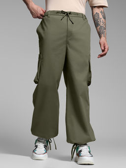 Jack & Jones - Green Solid Cotton Blend Loose Trouser