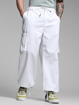 Jack & Jones - White Solid Cotton Blend Loose Trouser