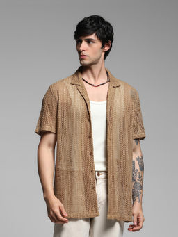 Jack & Jones - Brown Self Design Polyester Oversized Shirt