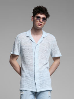 Jack & Jones - Blue Self Design Polyester Blend Regular Shirt