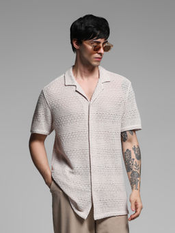 Jack & Jones - Beige Self Design Polyester Blend Regular Shirt