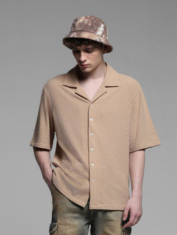 Jack & Jones - Beige Self Design Polyester Blend Oversized Shirt