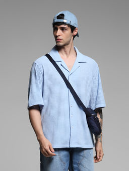 Jack & Jones - Blue Self Design Polyester Blend Oversized Shirt