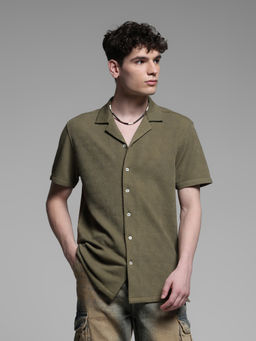 Jack & Jones - Green Self Design Polyester Blend Regular Shirt