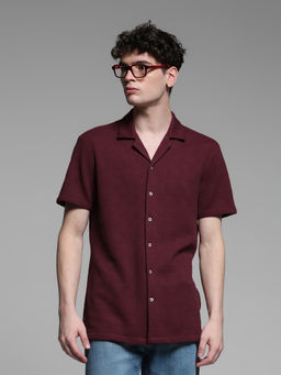 Jack & Jones - Maroon Self Design Polyester Blend Regular Shirt