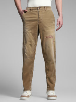 Jack & Jones - Brown Solid Cotton Blend Regular Jeans