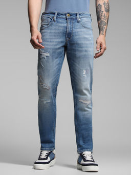 Jack & Jones - Blue Solid Cotton Blend Slim Jeans