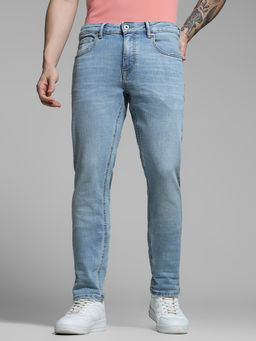 Jack & Jones - Blue Solid Cotton Blend Slim Jeans