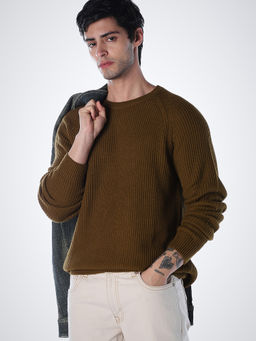 Jack & Jones - Brown Solid Acrylic Blend Relaxed Sweater