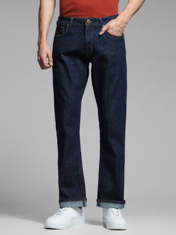 Jack & Jones - Blue Solid Cotton Blend Regular Jeans