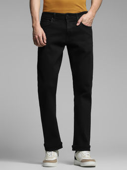 Jack & Jones - Black Solid Cotton Blend Regular Jeans