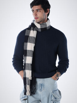Jack & Jones - Navy Blue Self Design Cotton Blend Slim Sweater