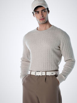 Jack & Jones - Beige Self Design Cotton Blend Slim Sweater