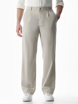 Jack & Jones - Beige Solid Cotton Blend Loose Trouser
