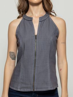 SHAYE - Grey V-Neck Solid Sleeveless Casual Top