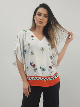 SHAYE - White V-Neck Floral Print Short Sleeves Casual Top
