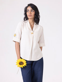 SHAYE - Beige Shawl Collar Embroidered Half Sleeves Casual Top