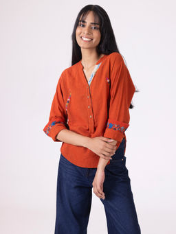 SHAYE - Rust Band Collar Printed Full Sleeves Casual Top