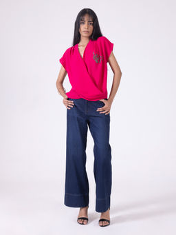 SHAYE - Pink V-Neck Embroidered Half Sleeves Casual Top