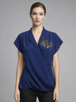 SHAYE - Navy Blue V-Neck Embroidered Half Sleeves Casual Top