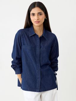 Femmella - Navy Blue Side Tie-Up Detail Denim Shirt
