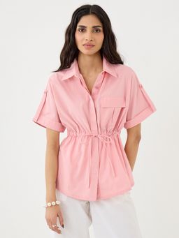 Femmella - Light Pink Poplin Drawstring Detail Shirt