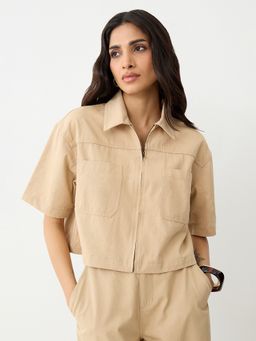 Femmella - Beige Zip-Up Crop Shirt