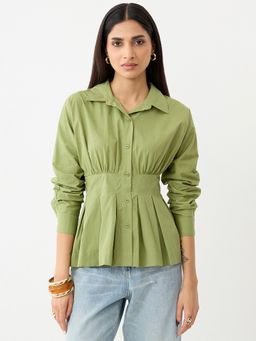 Femmella - Sage Green Poplin Cinched Waist Shirt