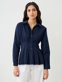 Femmella - Navy Blue Poplin Cinched Waist Shirt