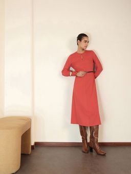 FABLE STREET - Viscose Rayon A-Line Rust Dress with Belt