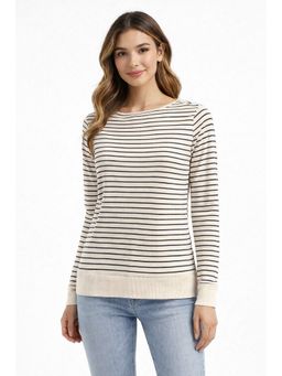 NOBARR - Women'S Cream Striped Round Neck Casual Regular Fit Top