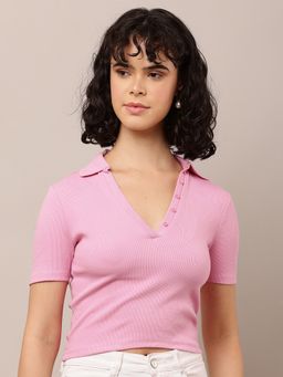 NOBARR - Women's Cotton Short Sleeve with Polo Neck Pink Top