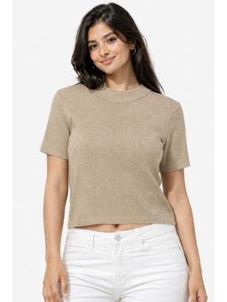 NOBARR - Women's Viscose Crew Neck Cropped Ribbed Beige Top