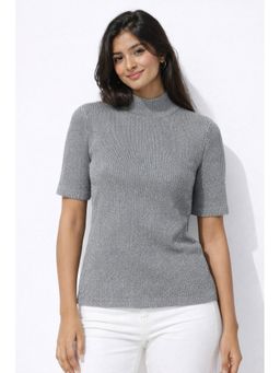 NOBARR - Women's Viscose Crew Neck Cropped Ribbed Silver Top