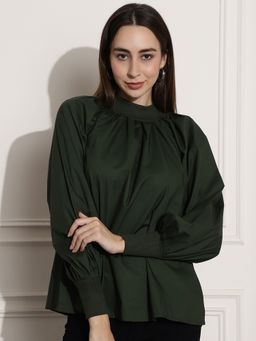 NOBARR - Women's Olive Green High Neck Gathered Top