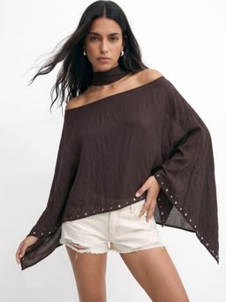 Outzidr - Brown Cape Sleeves Neck Wrap Studded Top