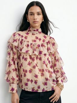 Outzidr - Beige Ruffle Detail Floral Printed Top