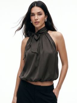 Outzidr - Charcoal Neck Tie-Up Bubble Hem Top