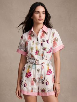 Outzidr - White Floral Collared Neck Waist Tie-Up Playsuit with Belt